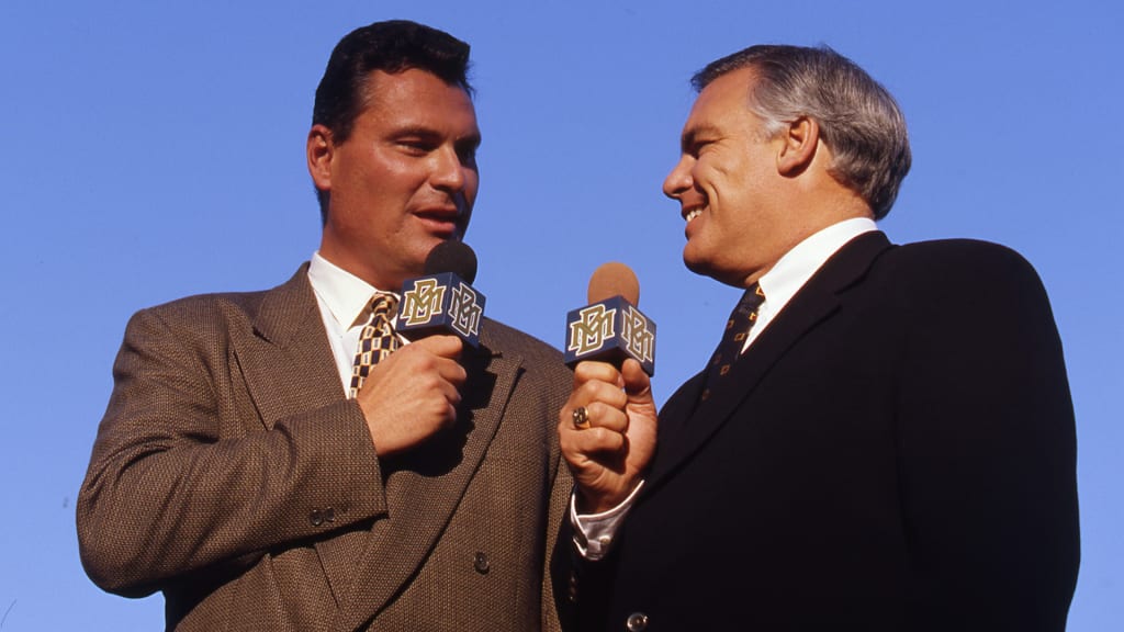 Bill Schroeder and Jim Paschke at County Stadium in 1996, their second season as the broadcast team. (Milwaukee Brewers photo)