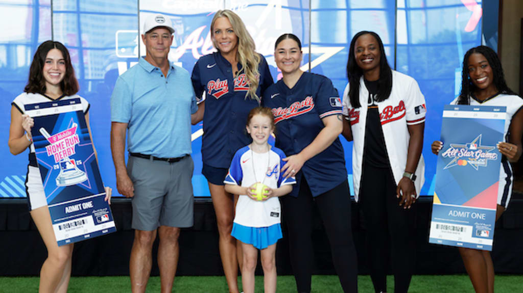 Maddux Brown (center) with Greg Maddux, Jennie Finch, Lauren Gipson (Chamberlain) and Natasha Watley at the 2025 Capital One All-Star Village. (Kaylinn Gilstrap/MLB Photos via Getty Images)