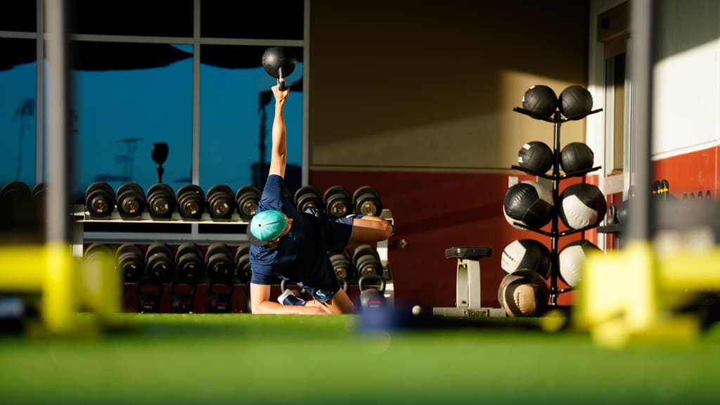 Logan Gilbert works out at Seattle's upgraded training facility in Peoria.