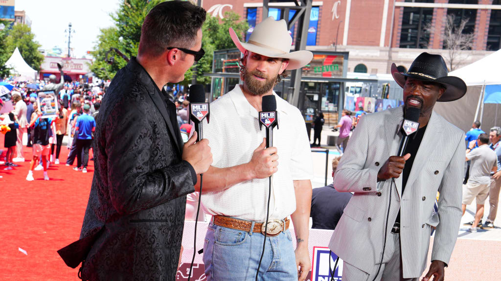 Greg Amsinger with Bryce Harper and Harold Reynolds on the All-Star Red Carpet Show in Arlington, TX, in 2024 (Getty Images)