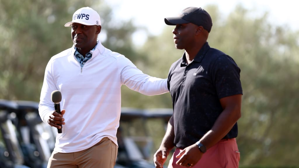 Gary Matthews Jr. and Torii Hunter talk with participants before the MLB Youth Academy Golf Outing at the Pelican Hill Golf Club. (Photo by Katelyn Mulcahy/MLB Photos)