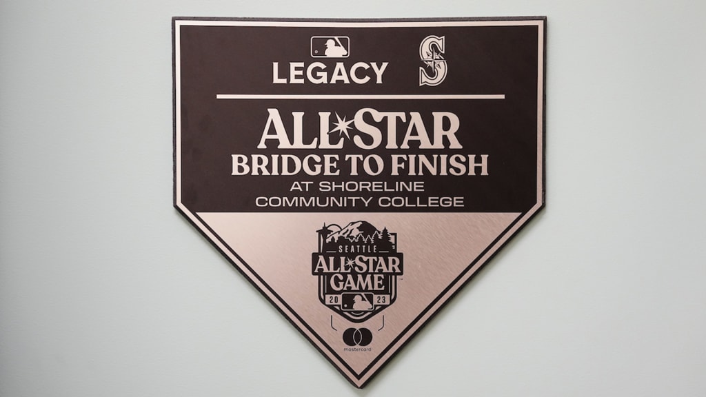 A detail photo of fan All-Star Bridge to Finish plaque inside the All-Star Benefits Hub at Shoreline Community College during the MLB Legacy: Bridge to Finish Legacy Project at Shoreline Campus on Friday. (Getty Images)