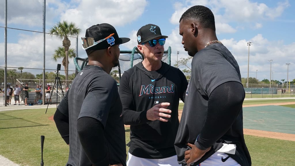 Luis Arraez (L) and Jorge Soler (R) chat with hitting coach Brant Brown (middle)