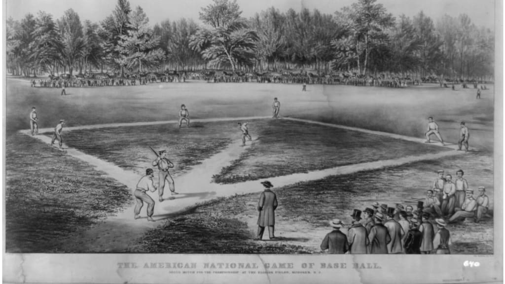 An 1865 lithograph showing a baseball game taking place at Elysian Fields