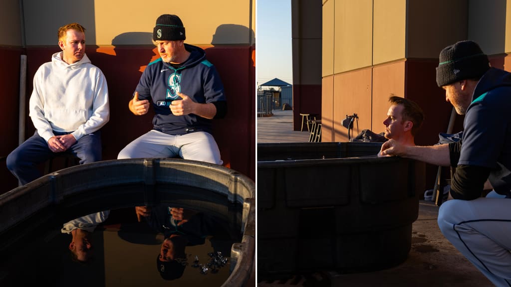 Bernero works through breathing exercises in the Mariners' cold tub with MLB.com beat reporter Daniel Kramer. (Photo: Ben Van Houten/Mariners)