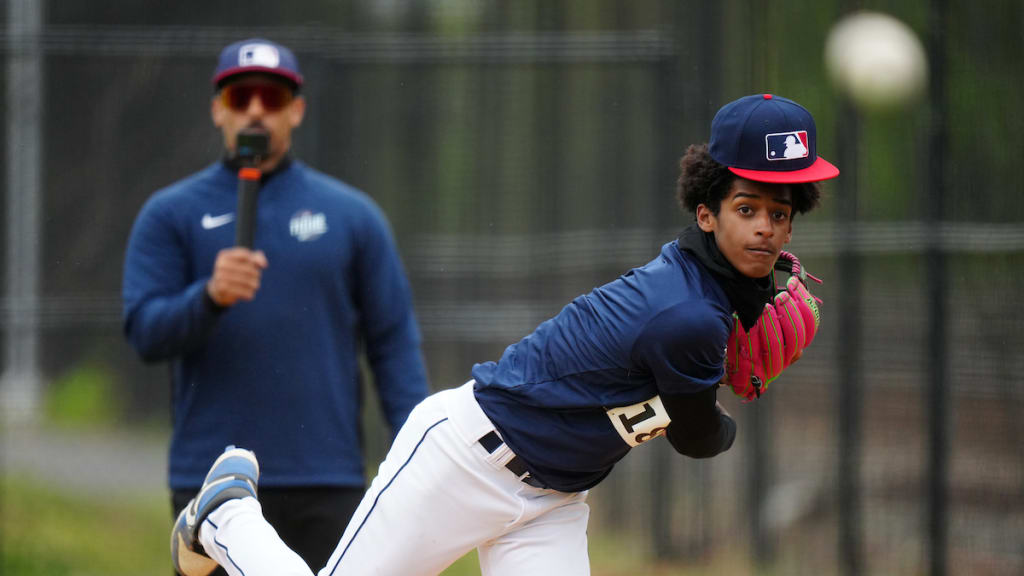 A young pitcher fires a pitch at the MLB ID Tour at Roberto Clemente State Park on Sunday, May 5, 2024, in New York City. (Photo by Daniel Shirey/MLB Photos via Getty Images)