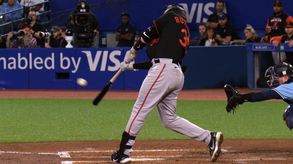 Baltimore Orioles' Adley Rutschman follows through on a swing against the  Toronto Blue Jays during the third inning of the second game of a baseball  doubleheader, Monday, Sept. 5, 2022, in Baltimore. (