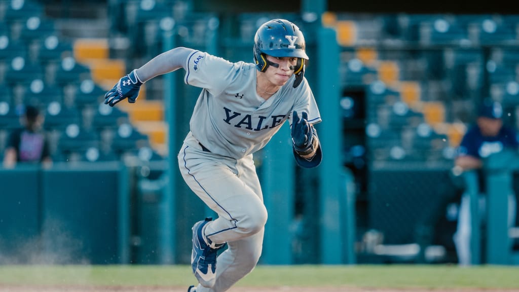 Bryce Miller of Yale University running to first during the 2026 Andre Dawson Classic game against Jackson State University at Jackie Robinson Training Complex, Feb. 21, 2026, in Vero Beach, Fla.