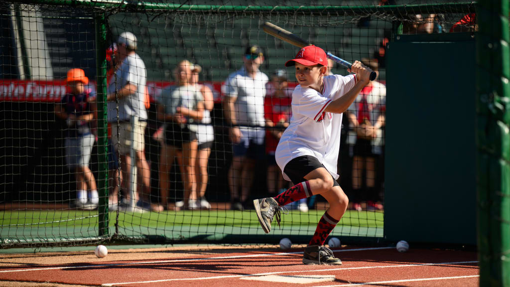 Jensen Vaught takes batting practice before the Angels' game against the Astros.