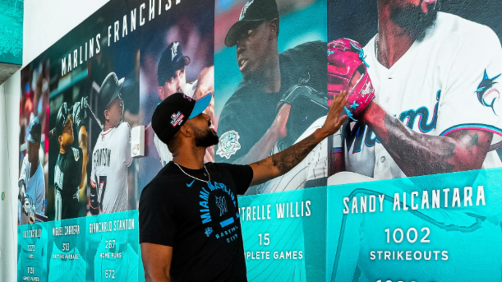 MLB.com editorial image for Miami Marlins: Emotional Alcantara takes his place on leaders wall in Marlins Museum