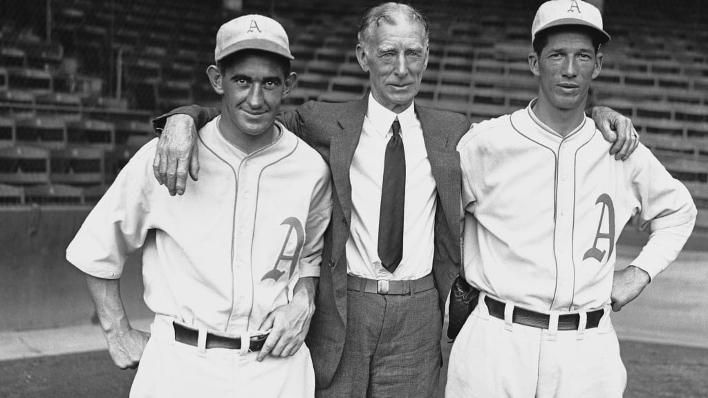 Catcher Mickey Cochrane, manager Connie Mack and starter Lefty Grove of the 1931 Philadelphia Athletics.