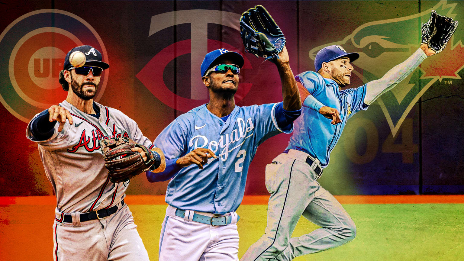 Dansby Swanson, Michael A. Taylor and Kevin Kiermaier are pictured in front of their teams' logos