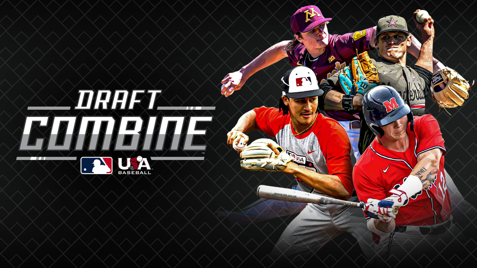 Four players are pictured next to a logo for the MLB Draft Combine