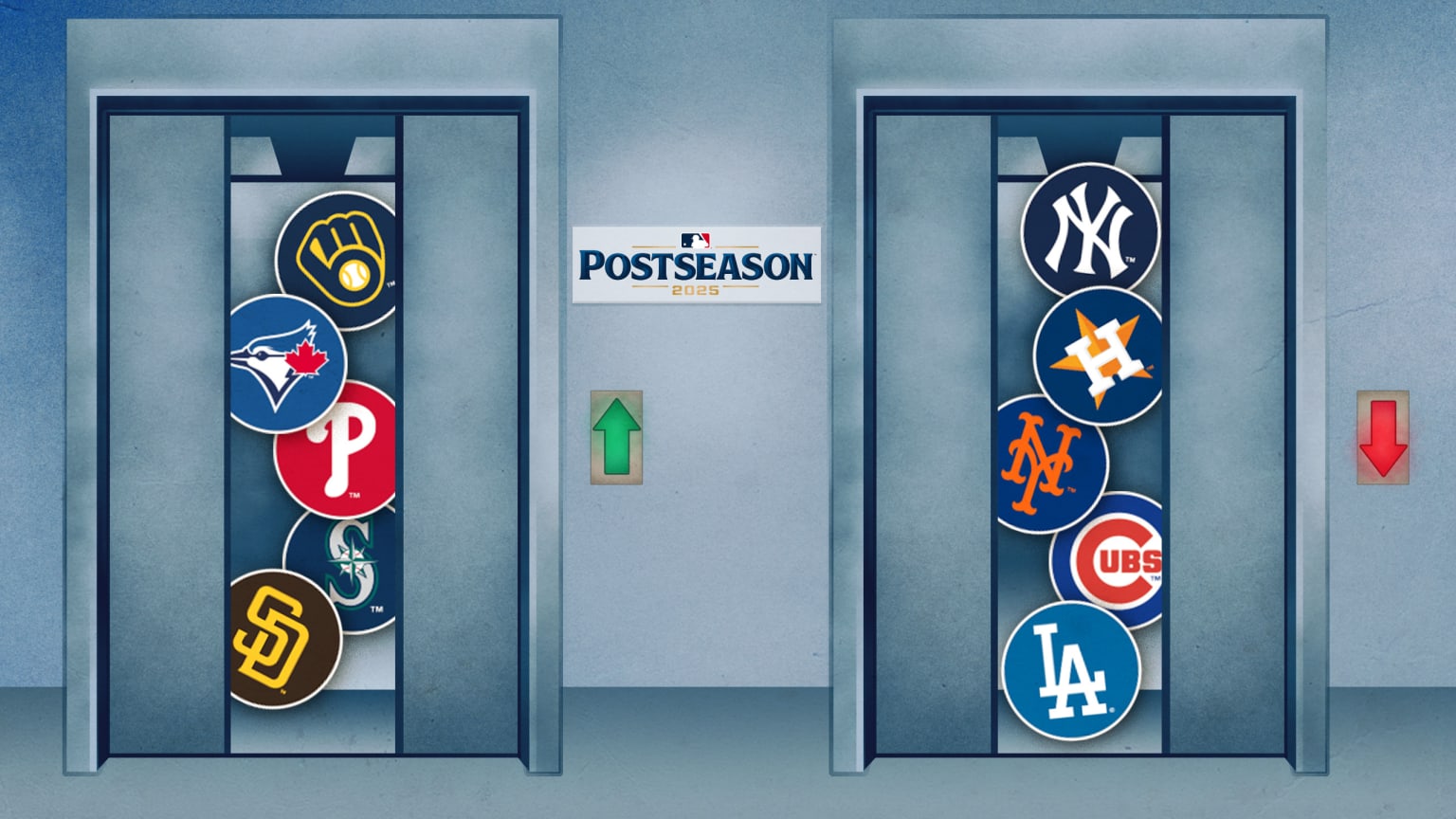 A designed image of two elevators with logos of teams going up or down