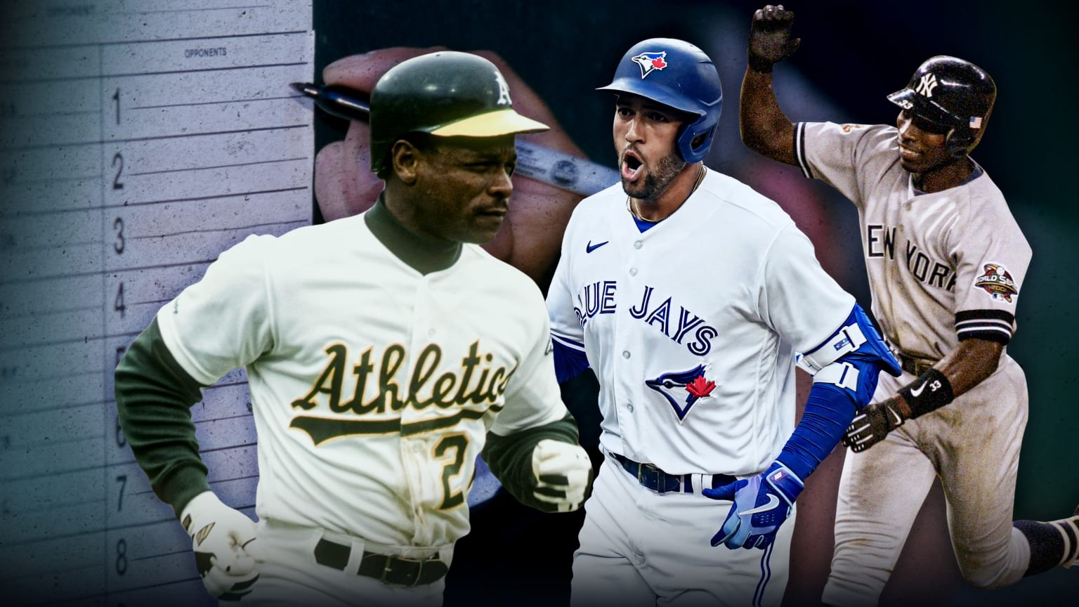 A photo illustration showing Rickey Henderson, George Springer and Alfonso Soriano against a background showing a scorebook