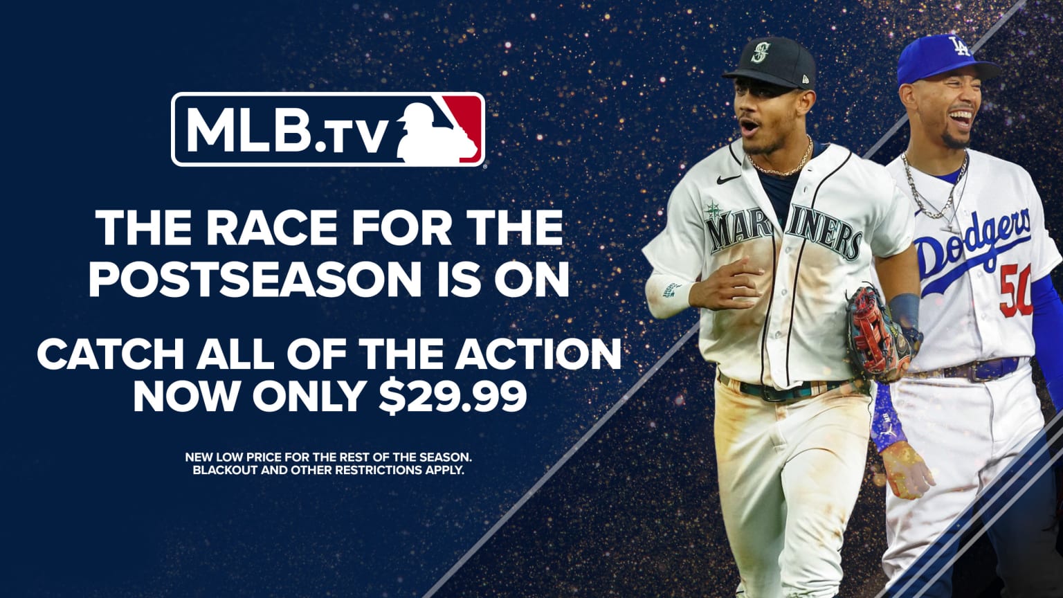 Julio Rodríguez and Mookie Betts are pictured next to text about the MLB.TV price drop