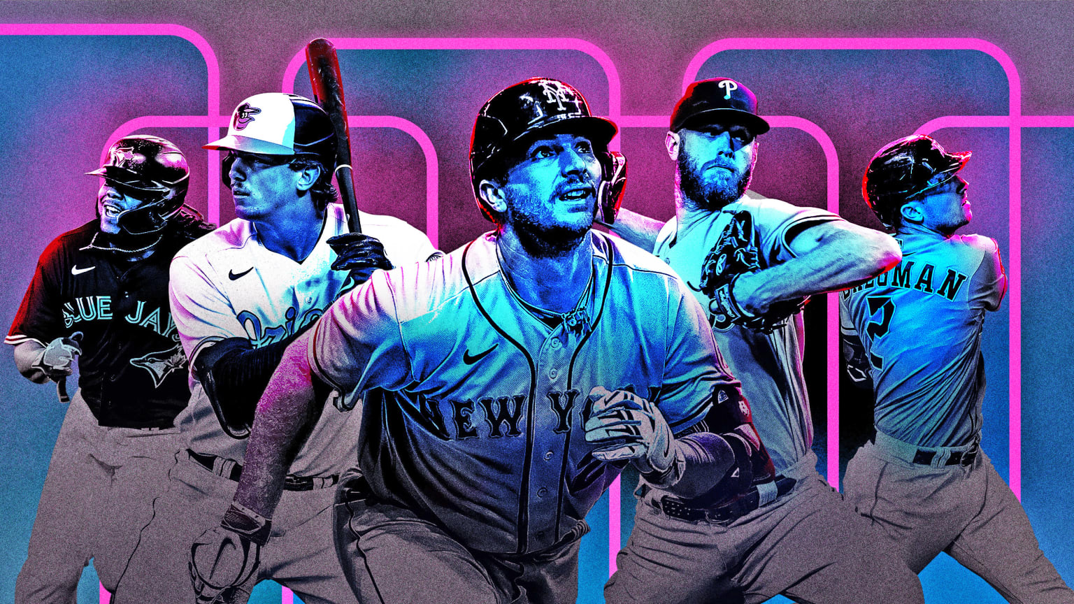 Image with blue and pink background featuring Vladimir Guerrero Jr., Adley Rutschman, Pete Alonso, Zack Wheeler and Alex Bregman