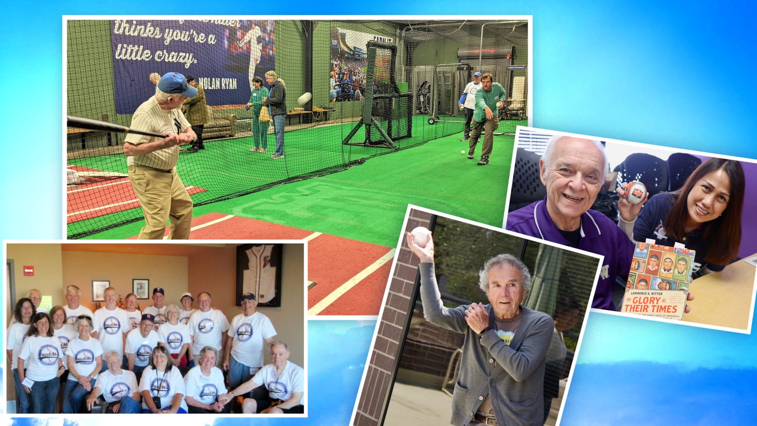 A collage of 4 images showing older people holding baseballs, in a batting cage and posing for a group picture