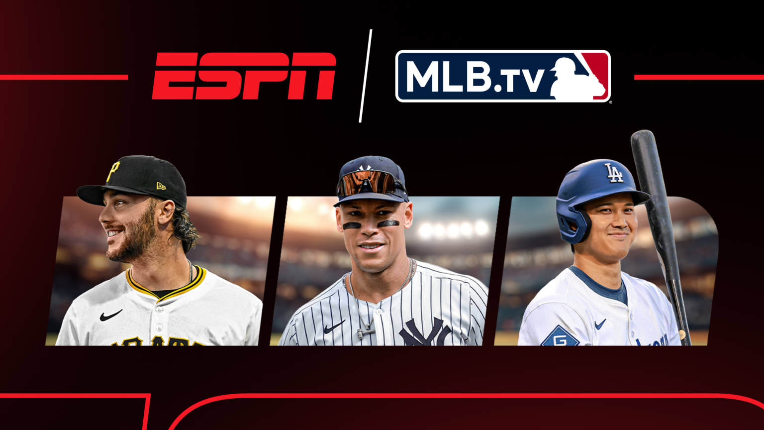 Paul Skenes, Aaron Judge and Shohei Ohtani with the ESPN and MLB.TV logos
