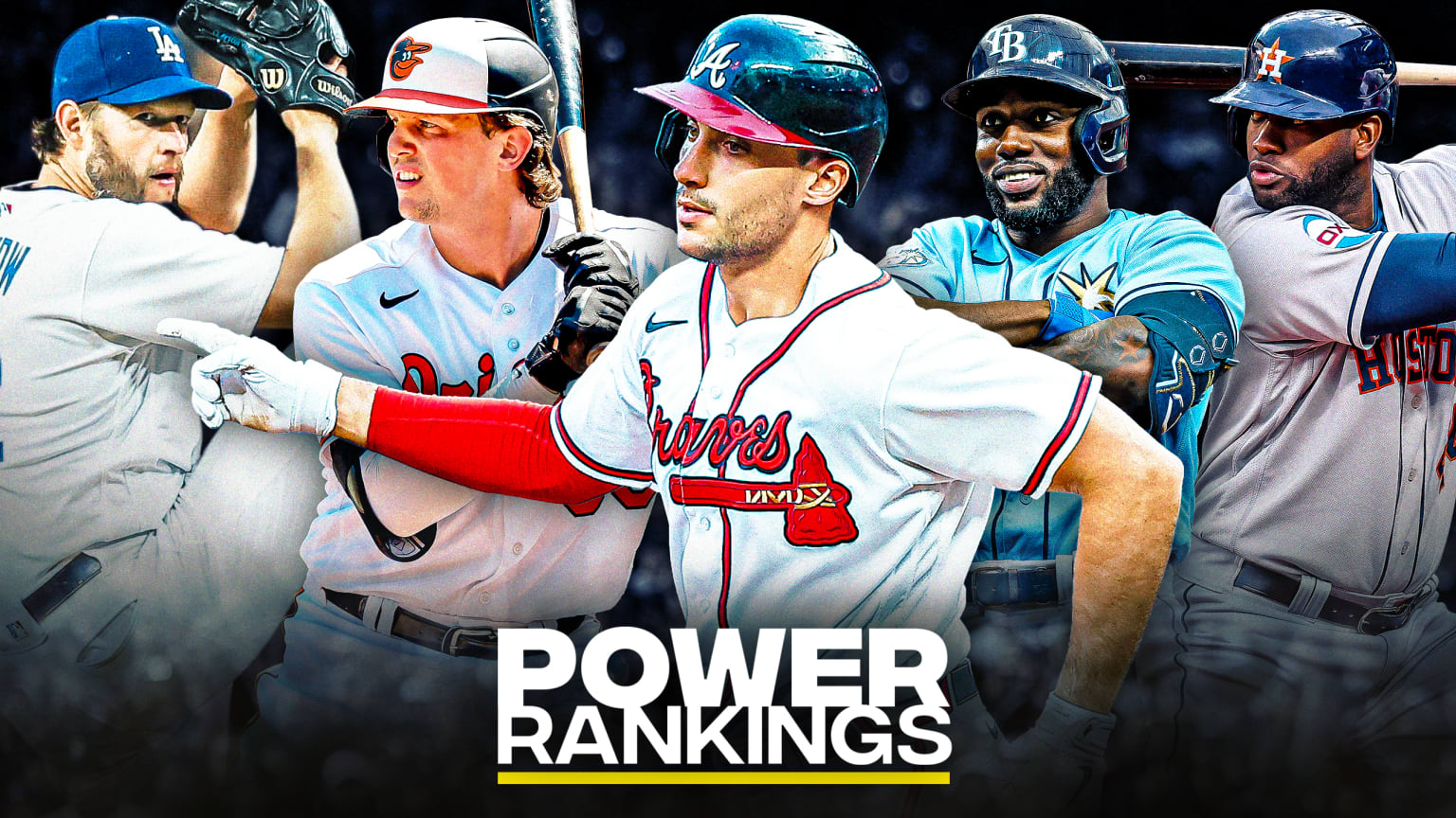 Clayton Kershaw, Adley Rutschman, Matt Olson, Randy Arozarena and Yordan Alvarez are pictured above the words Power Rankings