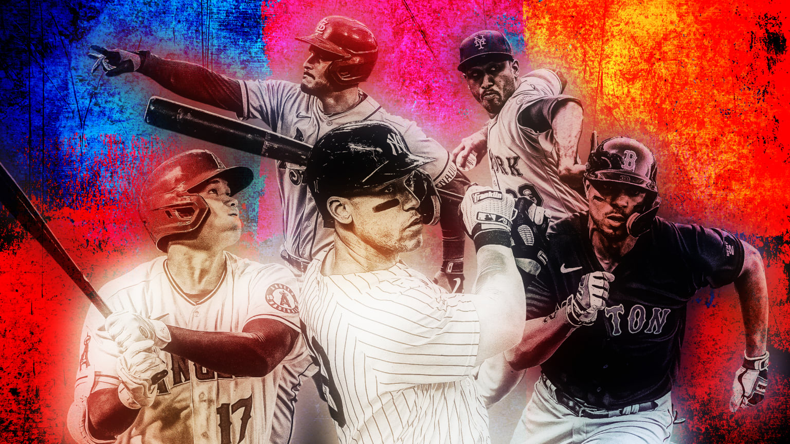 Shohei Ohtani, Aaron Judge, Xander Bogaerts, Edwin Diaz and Nolan Arenado clustered over a bright, multicolored background reminiscent of paint