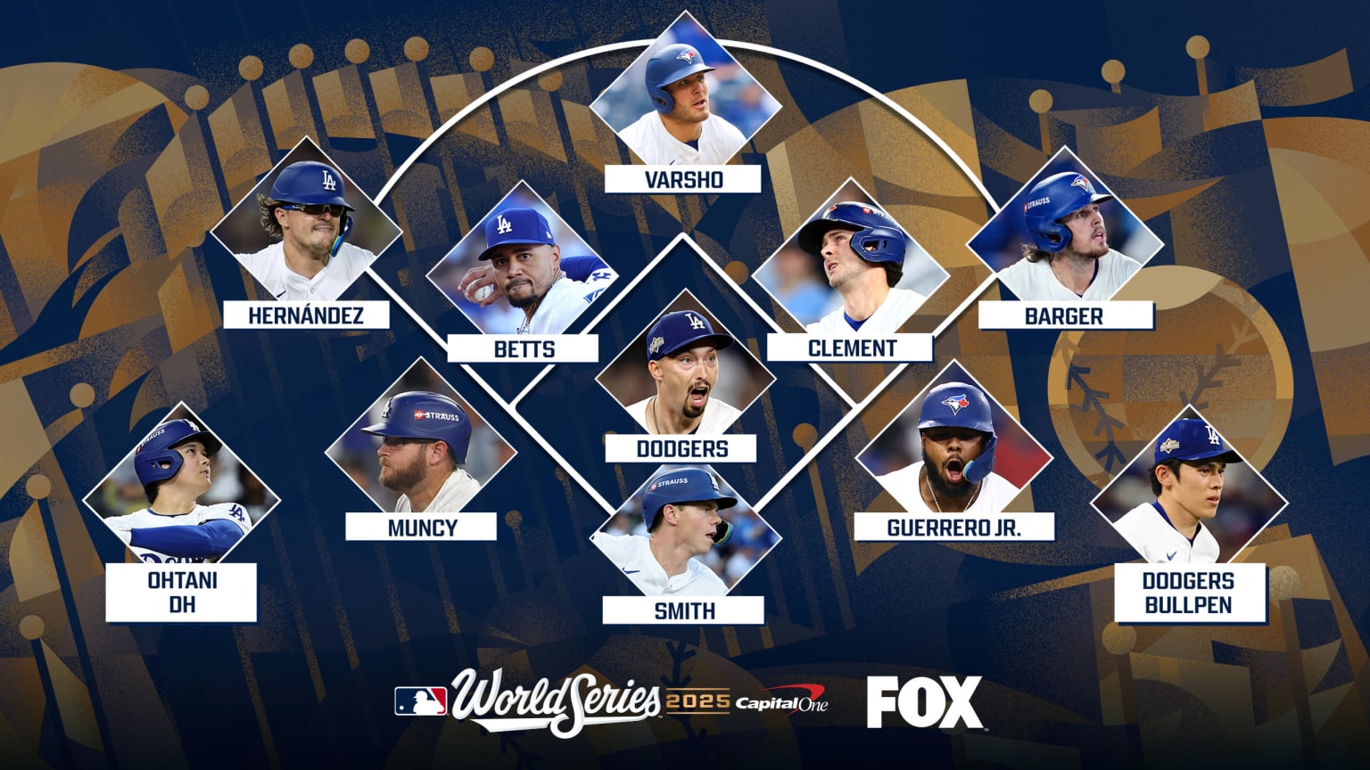 A designed image of a baseball diamond with images of the best player at each position in the World Series