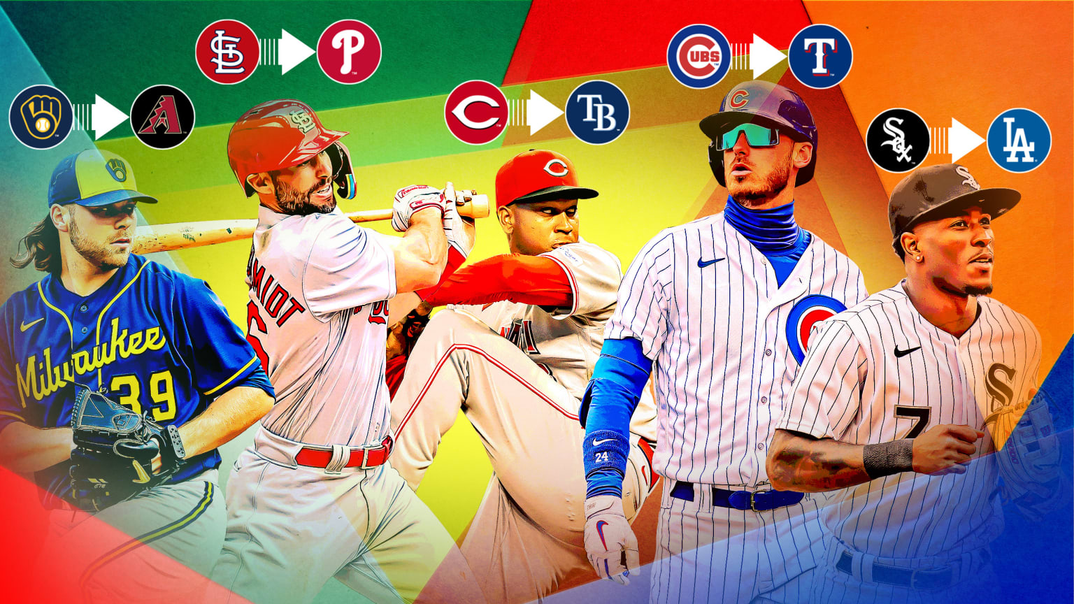 A photo illustration of five players with two team logos above each one