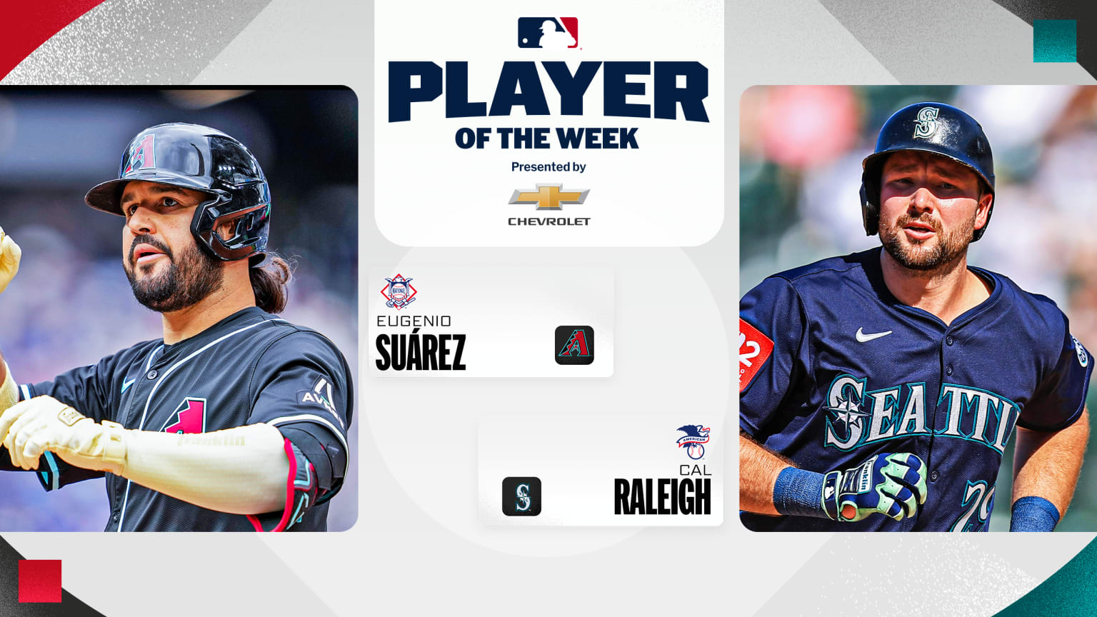 Pictures of Eugenio Suárez and Cal Raleigh flank the MLB Player of the Week logo