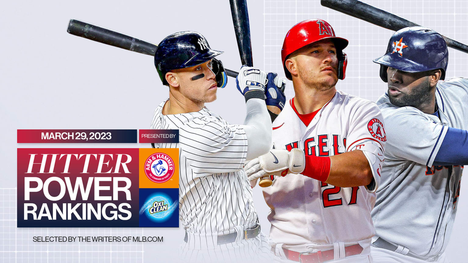 A graphic reading ''Hitter Power Rankings'' with images of Aaron Judge, Mike Trout and Yordan Alvarez