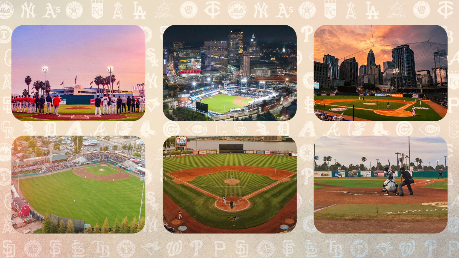 A photo montage of six Minor League ballparks