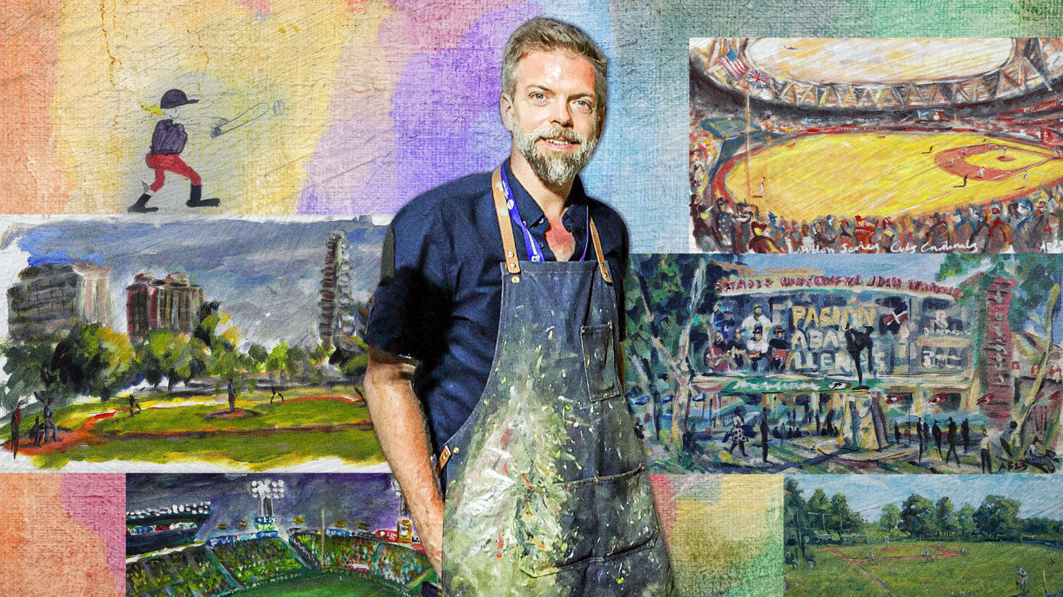 A photo illustration of artist Andy Brown surrounded by some of his paintings