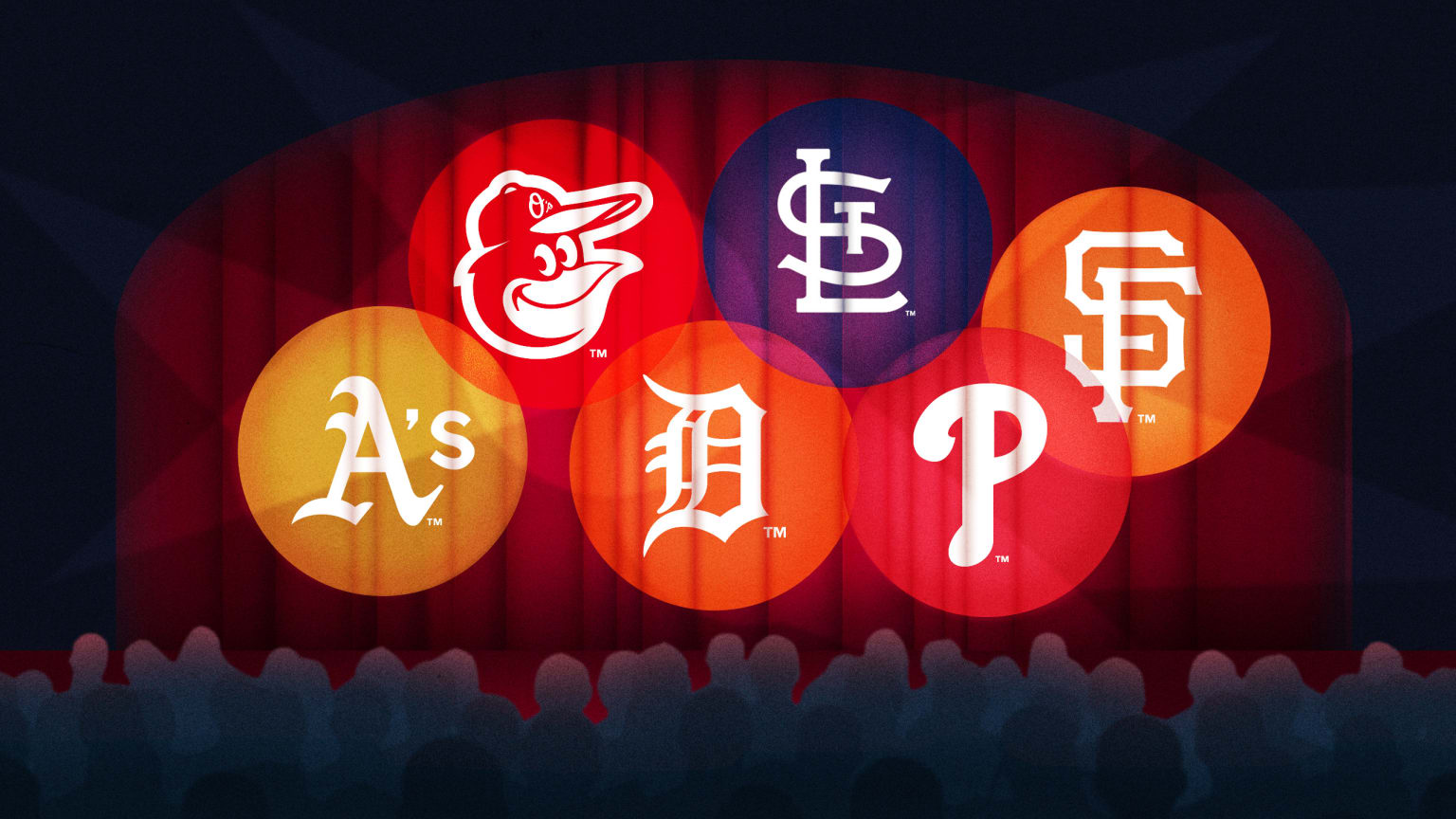 The logos for the A's, Orioles, Tigers, Cardinals, Phillies and Giants designed as spotlights