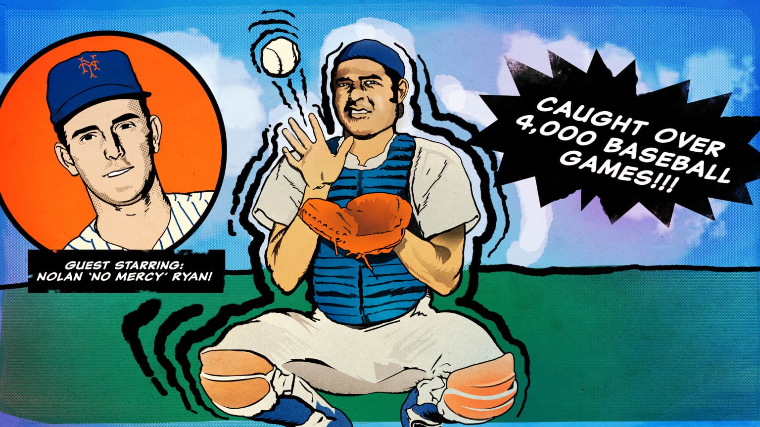 A photo illustration shows catcher Frank Estrada catching a baseball with an inset featuring a head shot of Nolan Ryan