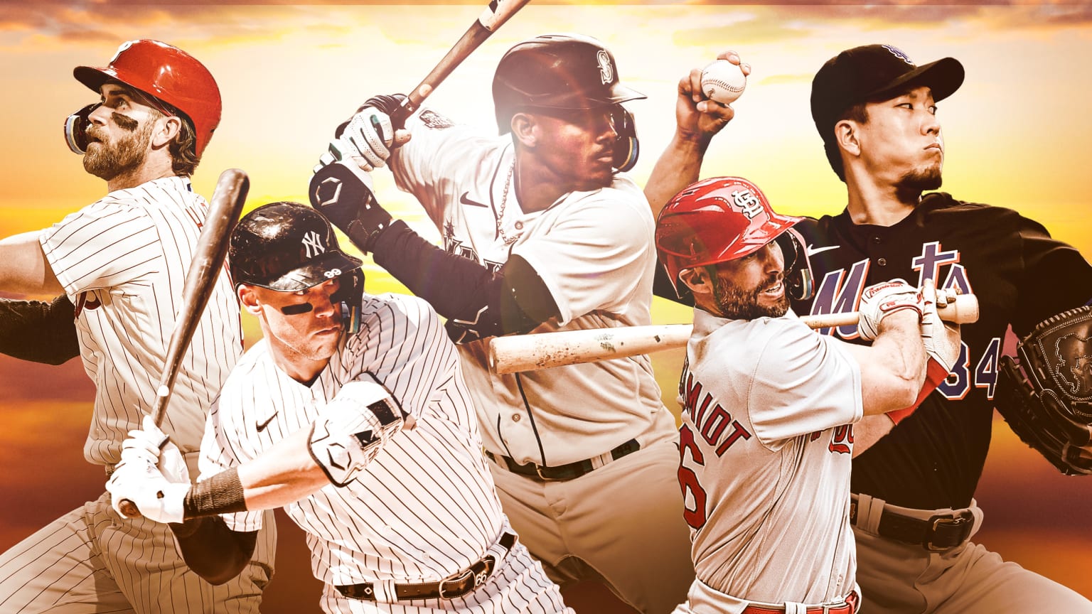 A photo illustration of players on the Phillies, Yankees, Mariners, Cardinals and Mets