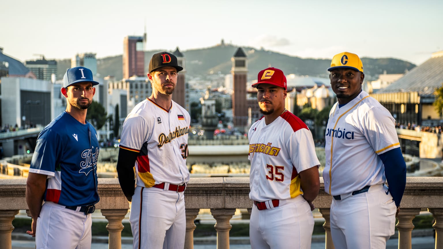 Team captains line up before the start of the Premier12 Qualifiers in Barcelona. From left: Alberto Mineo, Eric Brenk, Omar Hernandez and Jesus Marriaga. Photo 