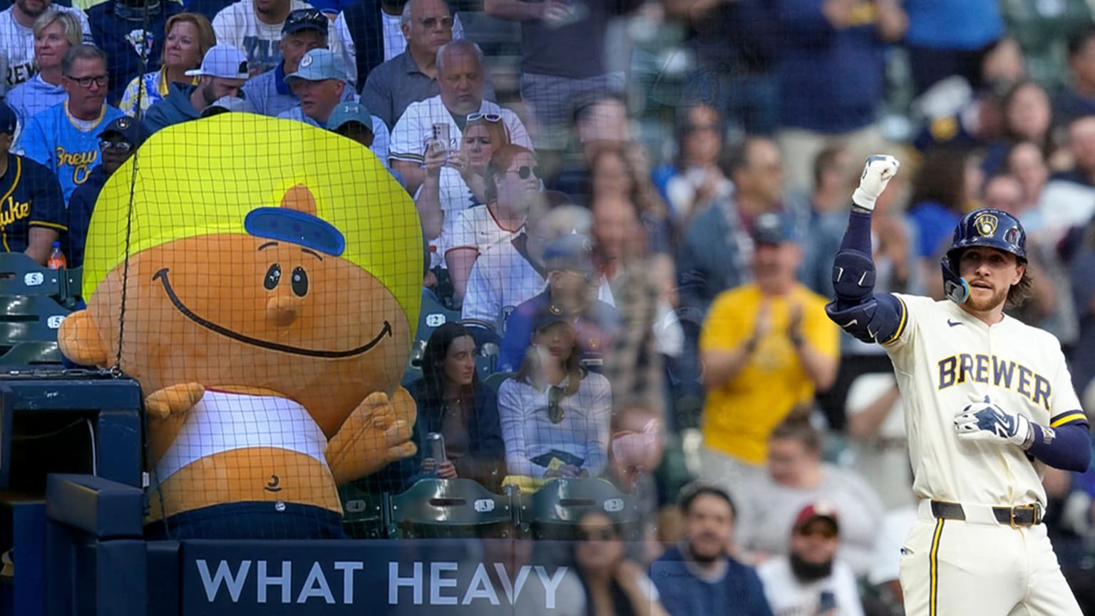 A photo collage with the video game character Pablo Sanchez and Brewers second baseman Brice Turang