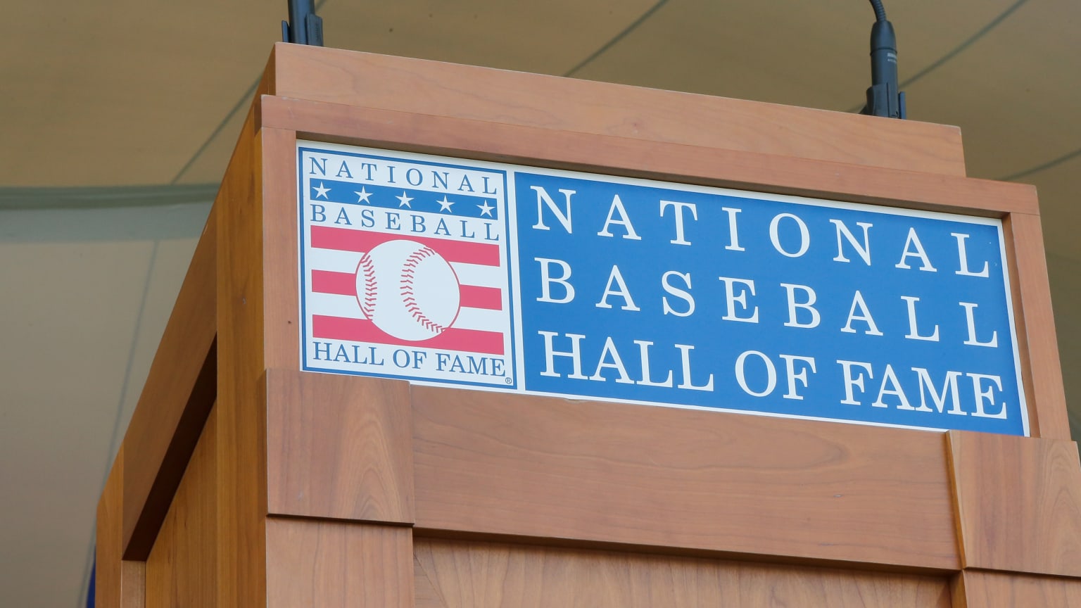 A podium with the National Baseball Hall of Fame logo