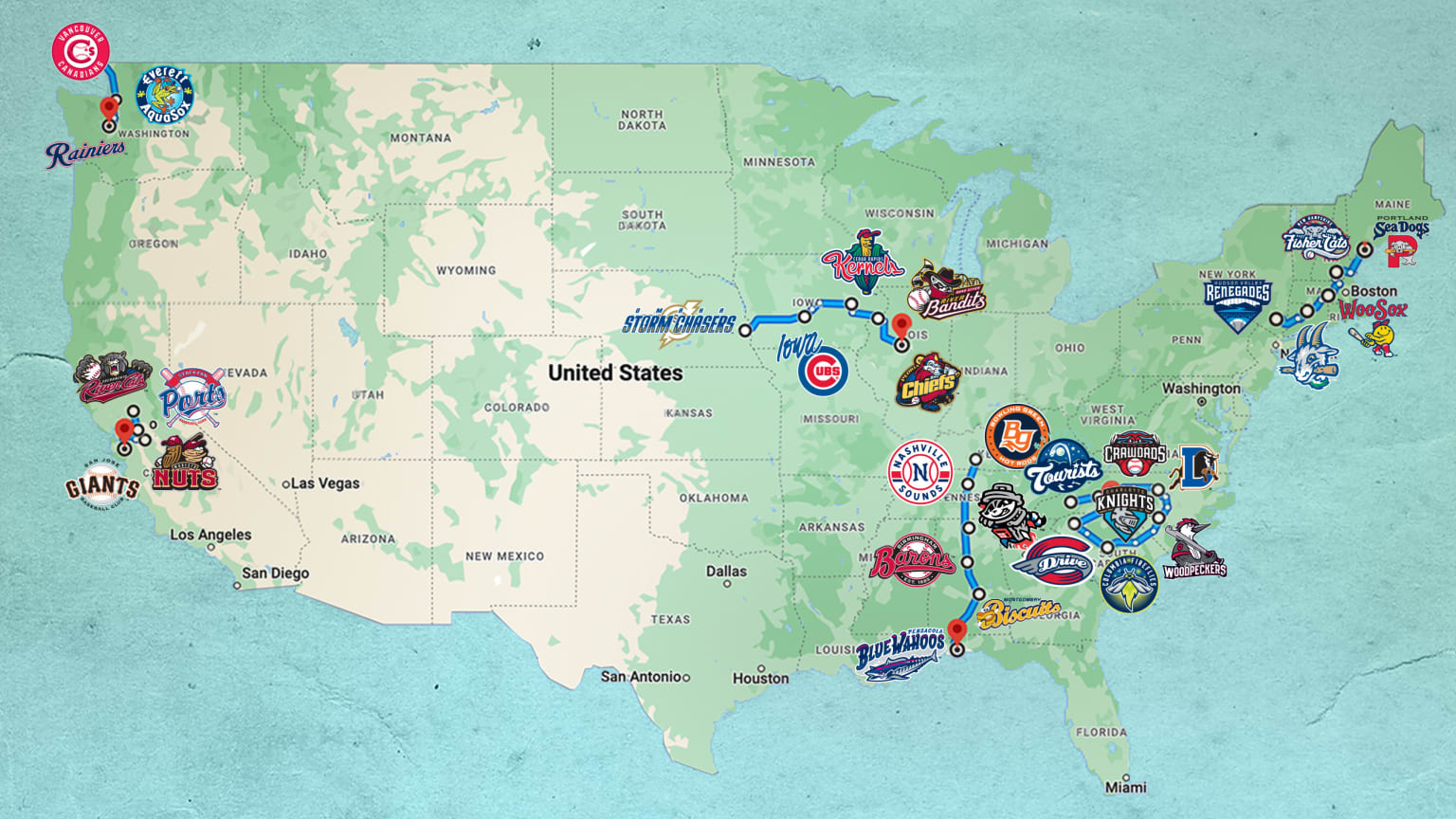A map of the United States with team logos scattered across it