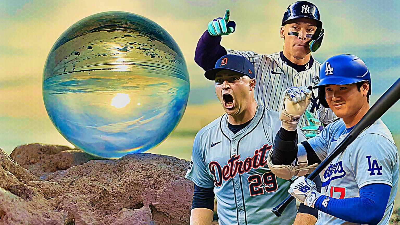 A photo illustration of Tarik Skubal, Aaron Judge and Shohei Ohtani with a crystal ball