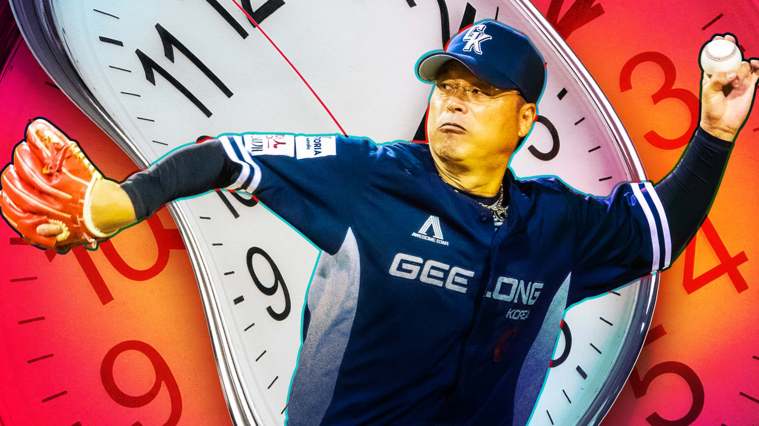 Dae-Sung Koo is shown pitching with a clock in the background