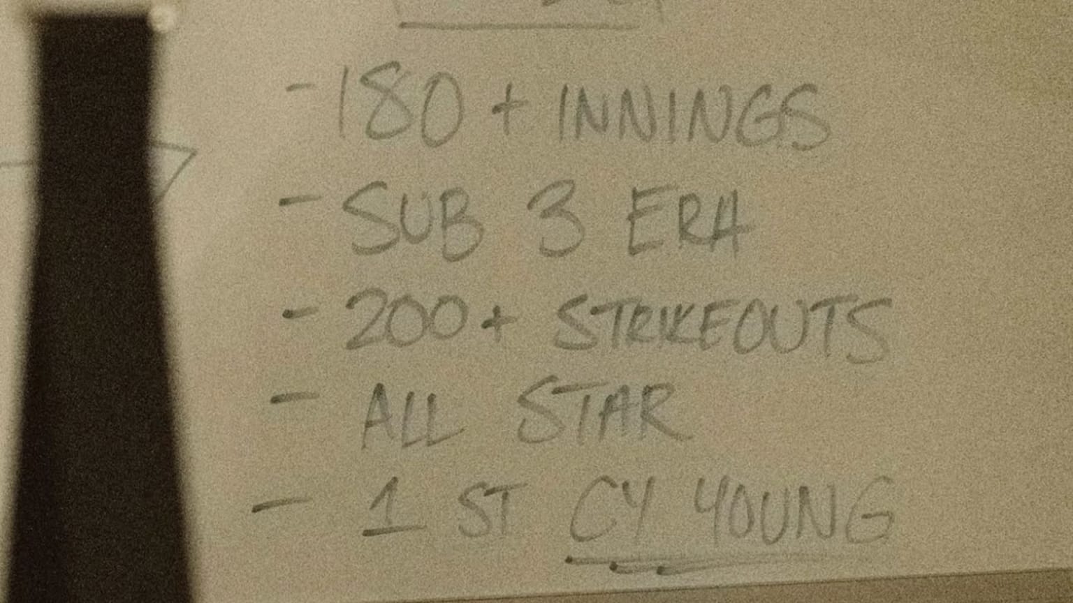 Hunter Greene's 2025 goals are listed on a whiteboard