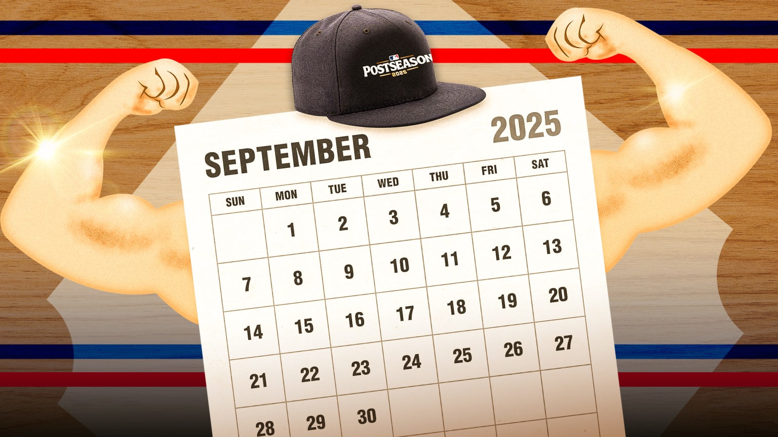 A digital illustration featuring a September 2025 calendar flexing its muscles with a Postseason 2025 cap