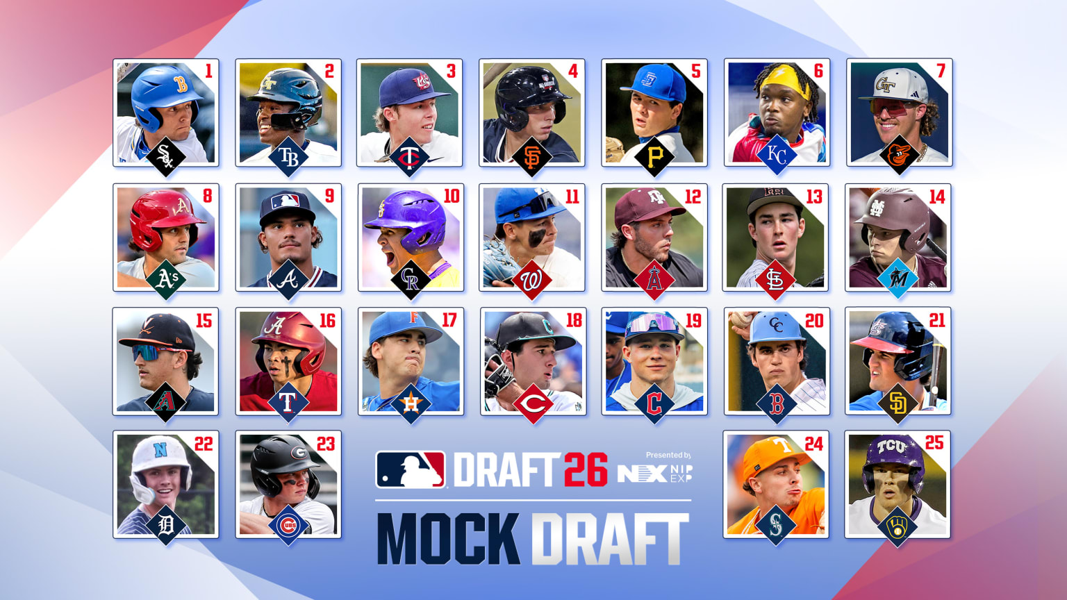 Headshots of the projected top 25 picks in the 2026 MLB Draft