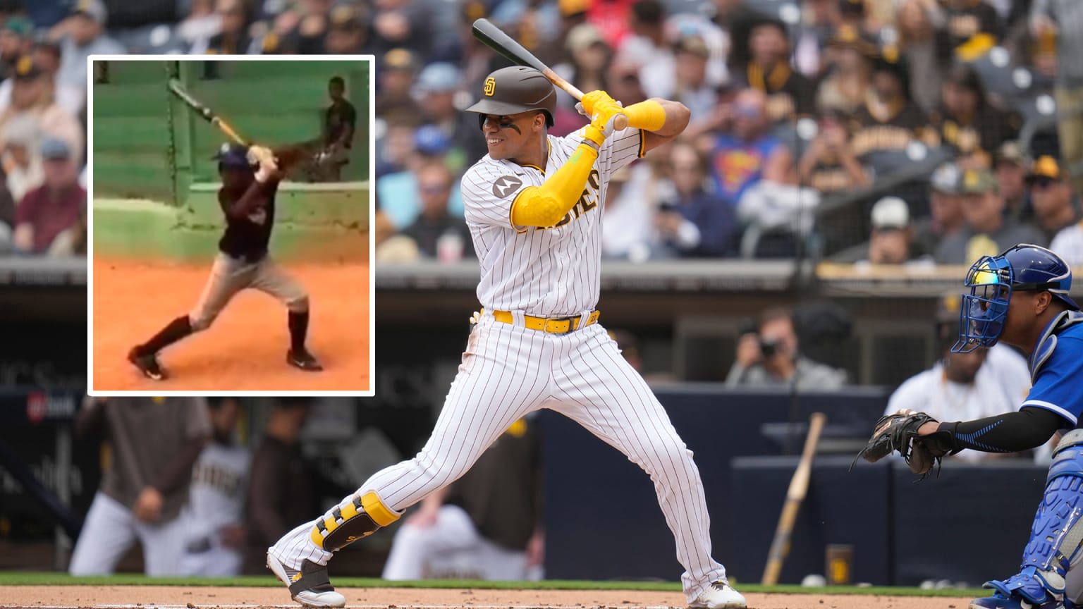 Juan Soto in the batter's box with an inset photo of youngster with an almost identical stance