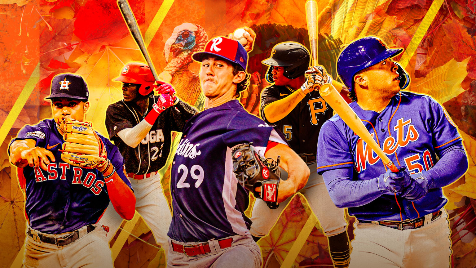 A composite image of 5 baseball prospects over a bright orange/red/yellow background