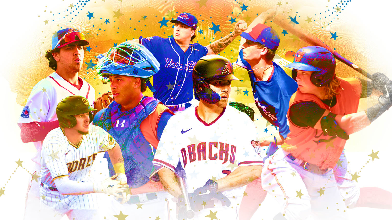 A designed image showing several of baseball's top prospects