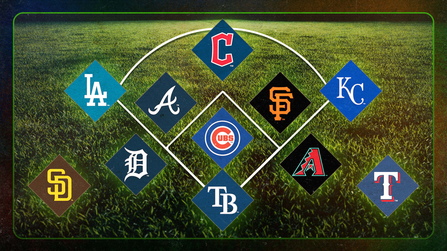A designed image of a baseball diamond with team logos at each position