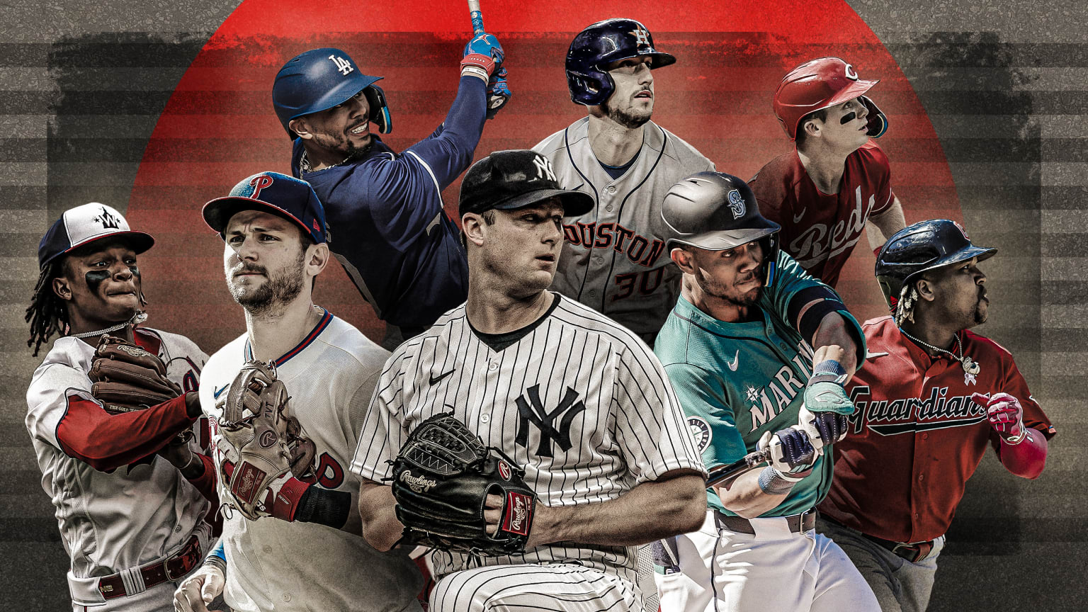 A collage of MLB players on top of a red and gray background