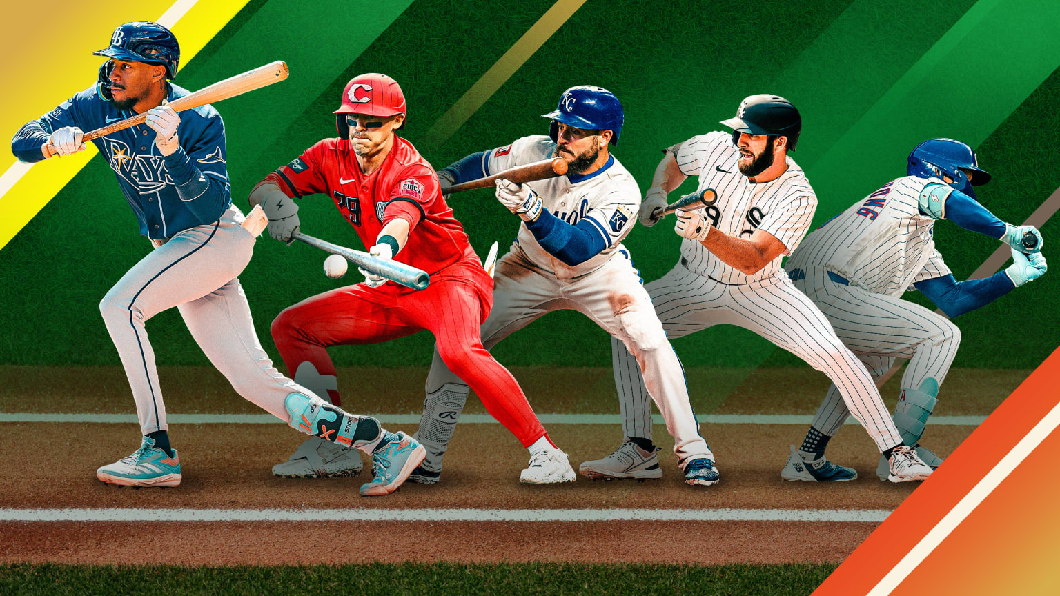 A series of five players laying down bunts