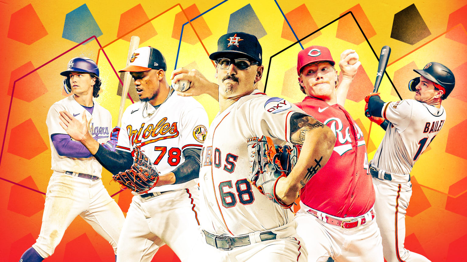 A designed image showing five MLB rookies 